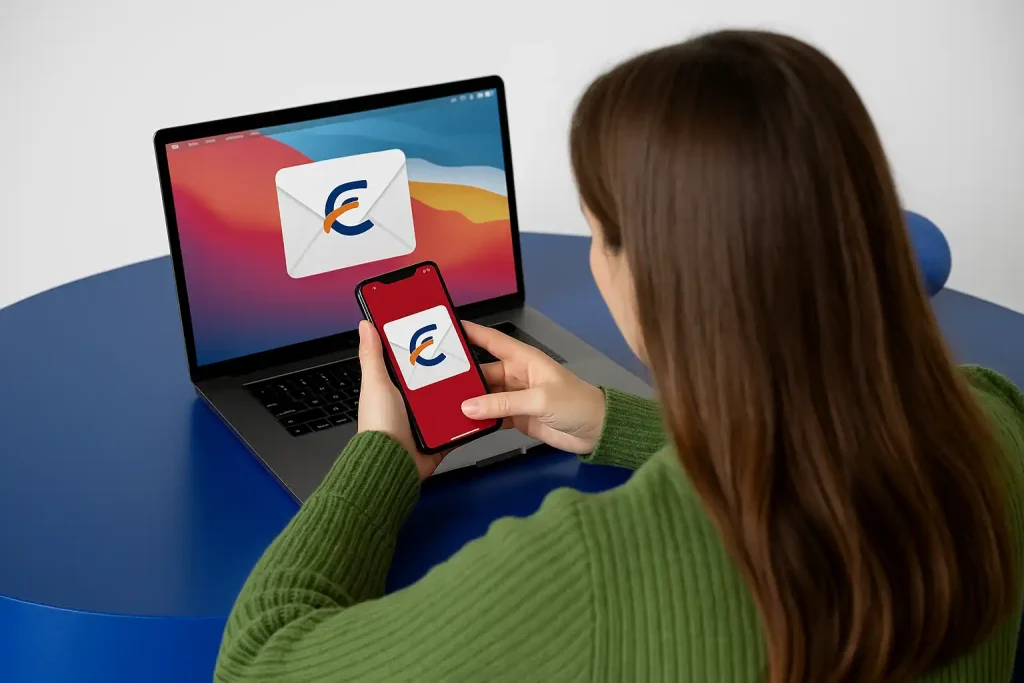 chica recibiendo invitaciones digitales en su cel y laptop